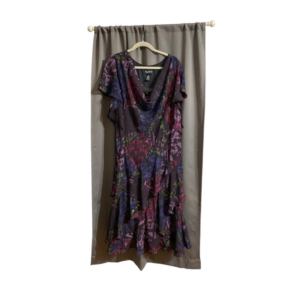 MAGGIE BARNES WO SIZE 28‎ FLOWEY DRESS PURPLE MAGENTA SEQUIN ACCENTS EUC